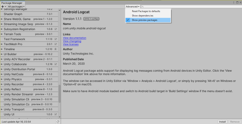 「Advanced」タブ内「Show preview packages」にチェックを入れます。
「UnityRecorder」を選択し「Install」します。