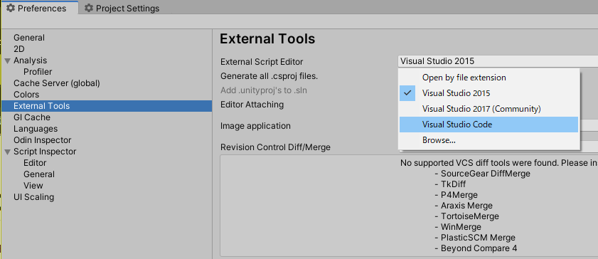 Unity側での設定。
「External Tools」>「External Script Editor」から「Visual Studio Code」を選択