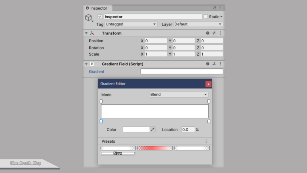 GradientFieldのサンプルScriptを取り付けたinspector