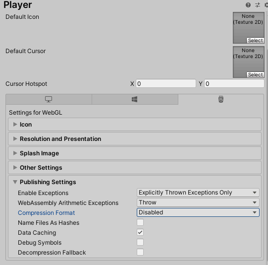 「Player」＞「Publishing Settings」＞「Compression Format」